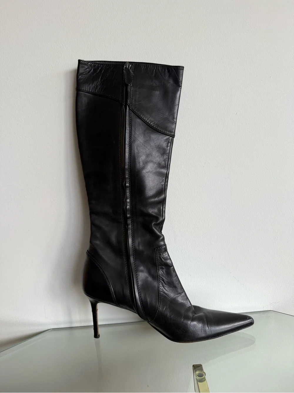 Vintage Christian Dior black leather knee-high stiletto boots Y2K US 8.5